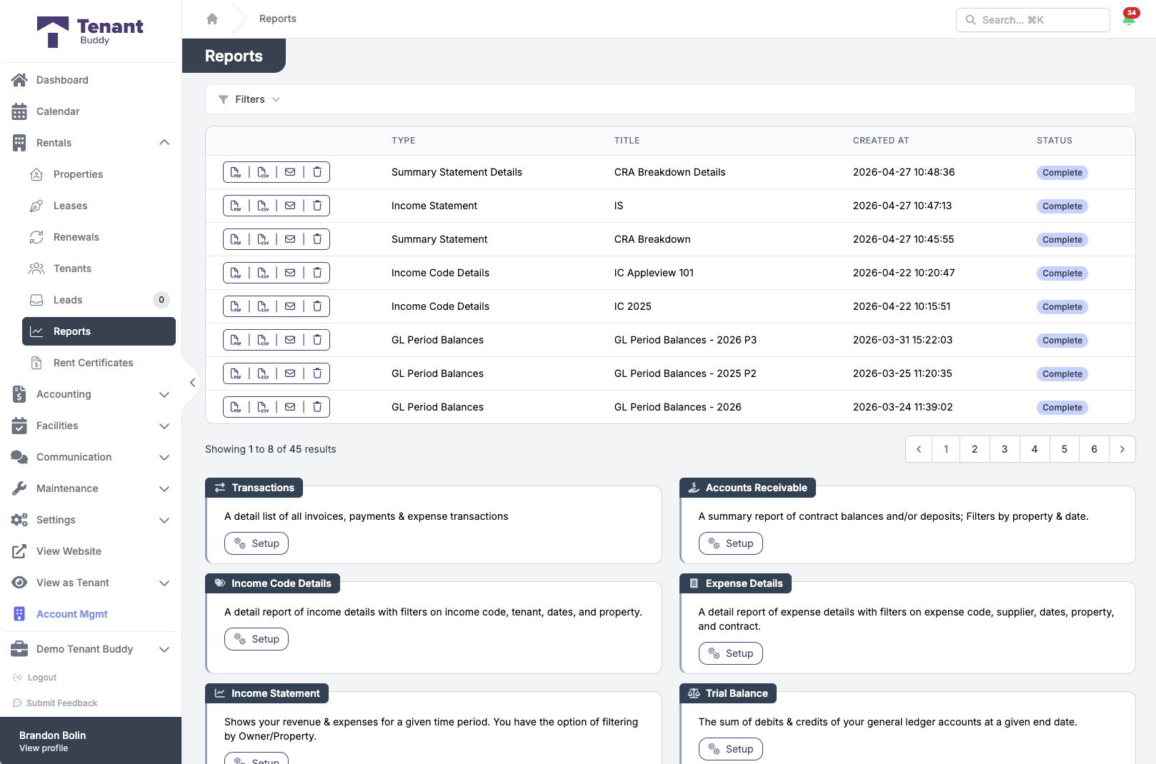 Reports library in TenantBuddy showing generated CRA-ready reports including Summary Statement Details, Income Statement, Income Code Details, and GL Period Balances, plus setup cards for Transactions, Accounts Receivable, Income Statement, Trial Balance, Income Code Details, and Expense Details