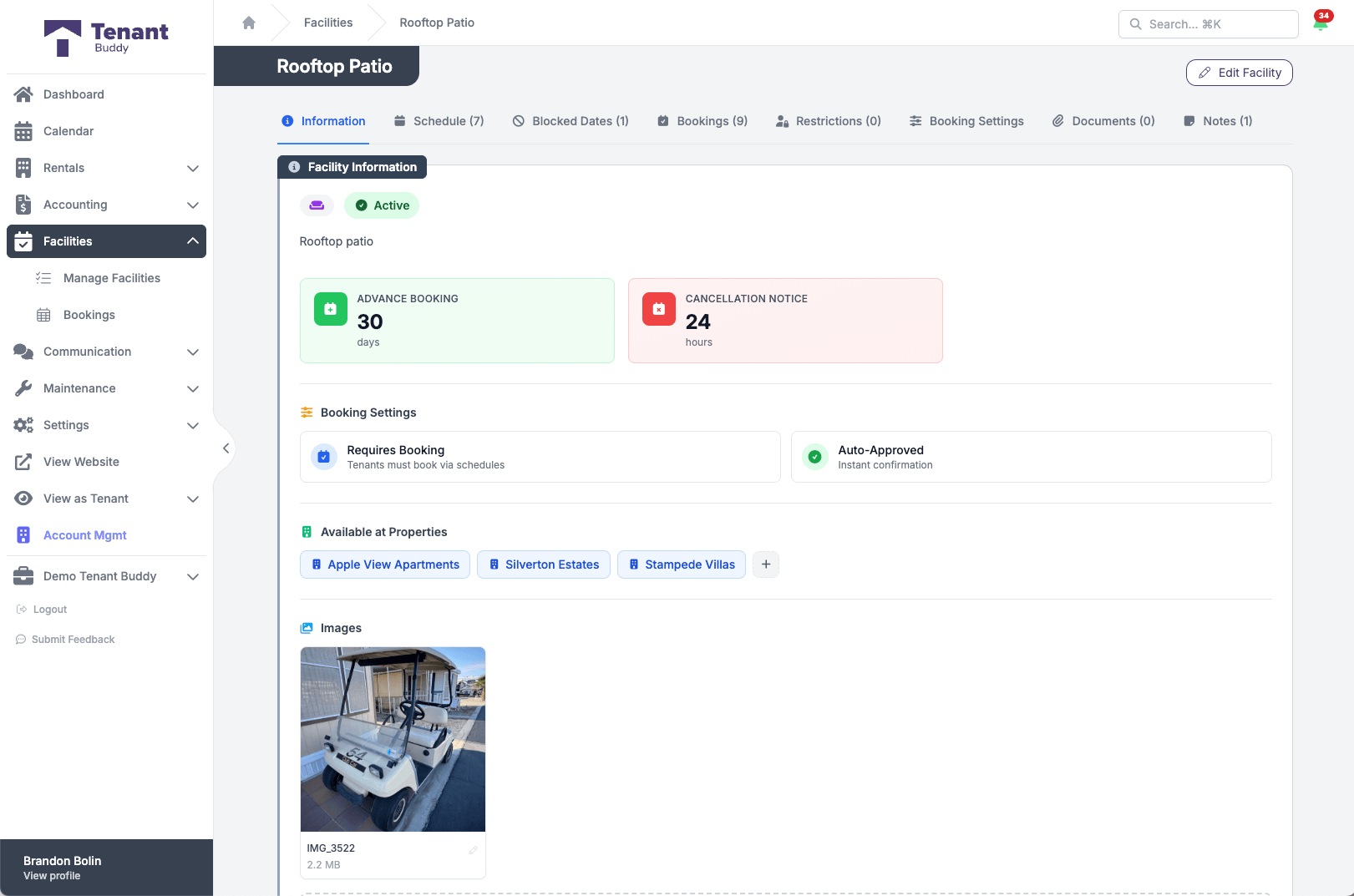 Facility detail page in Tenant Buddy for a Rooftop Patio amenity showing active status, advance booking days, cancellation notice hours, booking settings with auto-approval, available at multiple properties, and an image of the facility