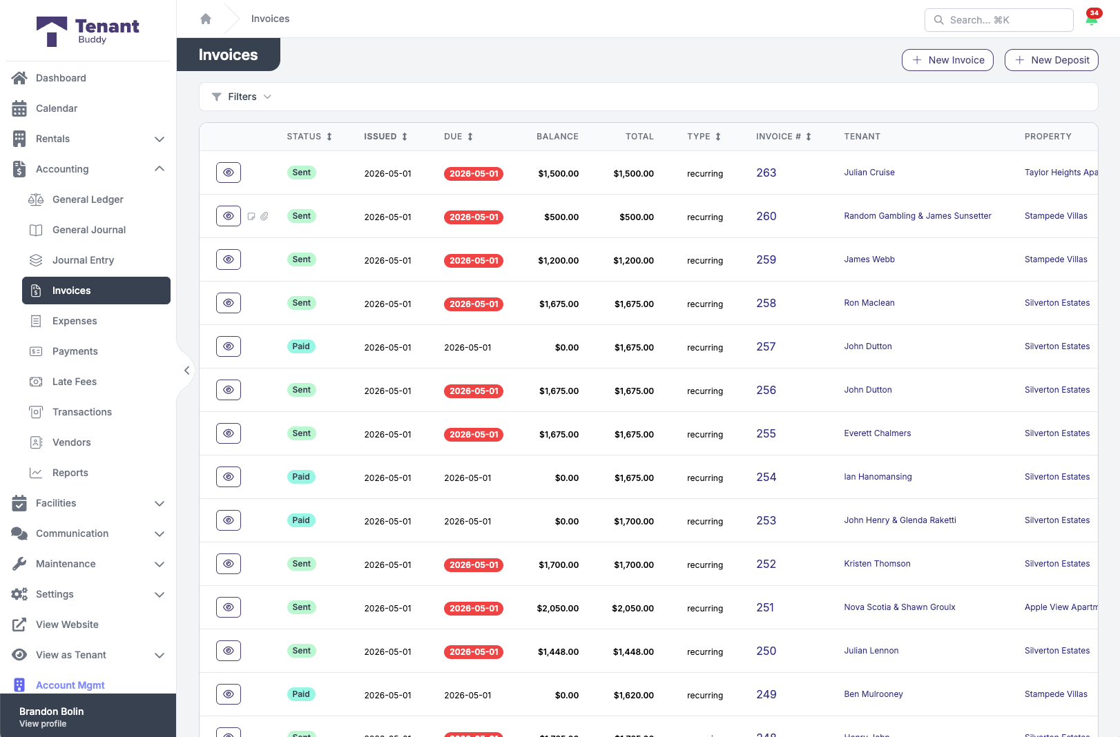 Invoice list in Tenant Buddy showing all invoices with status badges (Sent, Paid, Overdue), due dates, balances, totals, type, invoice numbers, tenant names, and properties