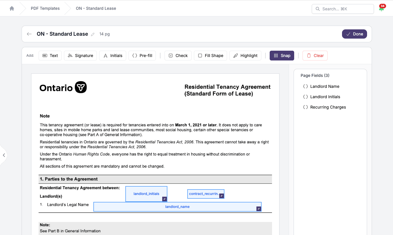 PDF lease template editor in TenantBuddy showing the Ontario Standard Lease form with clickable merge fields like landlord_name, landlord_initials, and contract_recurring_charges placed directly on the document