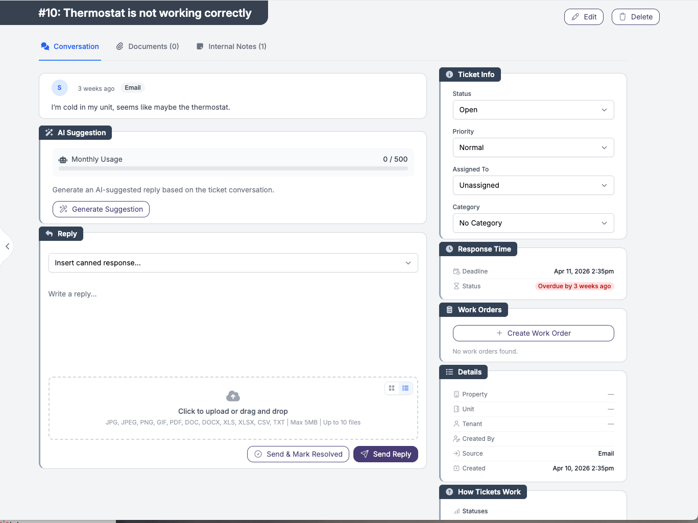 Single maintenance ticket detail in Tenant Buddy showing tenant message, AI Suggestion panel with monthly usage counter and Generate Suggestion button, reply composer, ticket info with status and priority, response time deadline, and work orders section