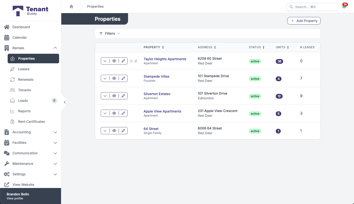 Properties listing in TenantBuddy showing multiple managed properties (Taylor Heights Apartments, Stampede Villas, Silverton Estates, Apple View Apartments) with addresses, unit counts, and active lease counts