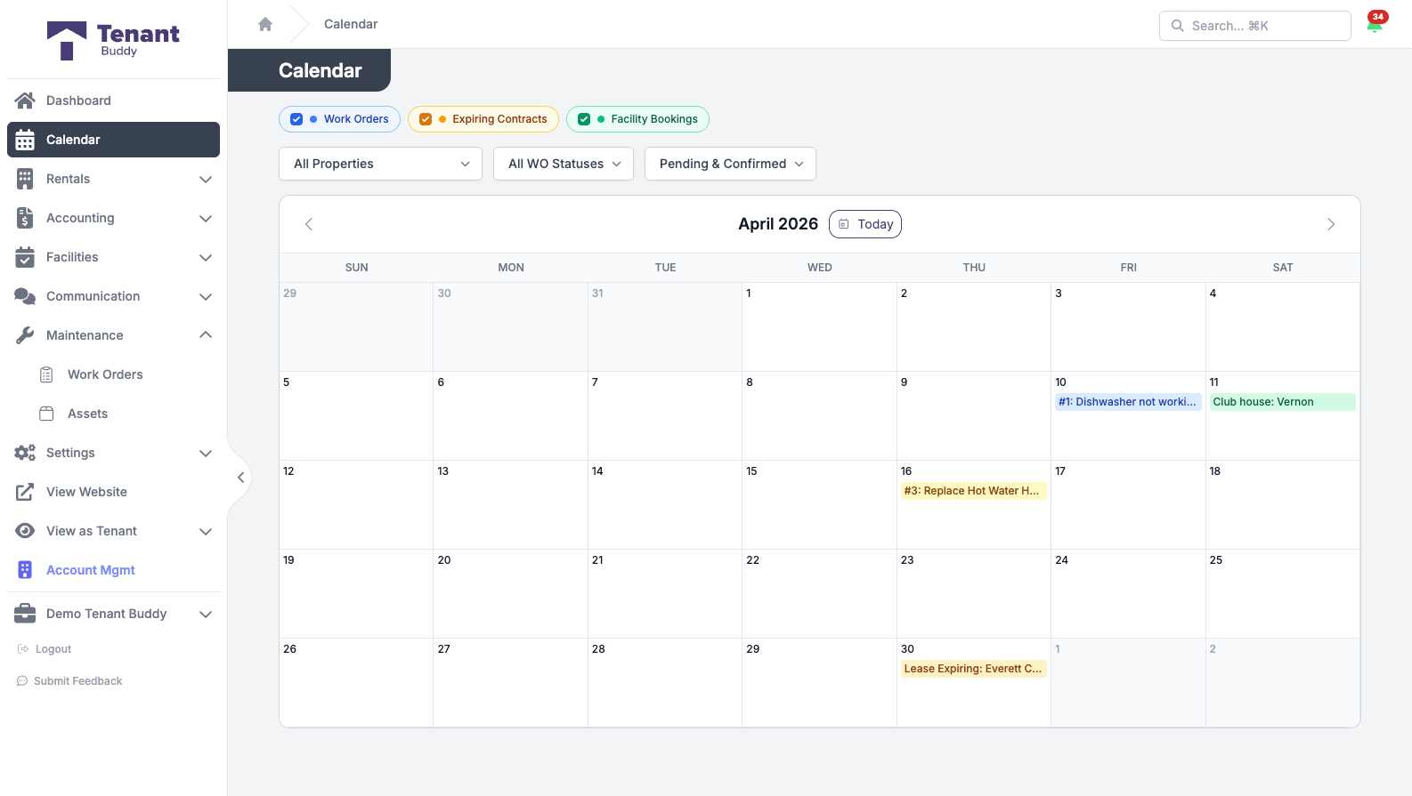 Portfolio calendar in Tenant Buddy showing April 2026 with work orders, expiring contracts, and facility bookings color-coded across the month, filterable by property and event type