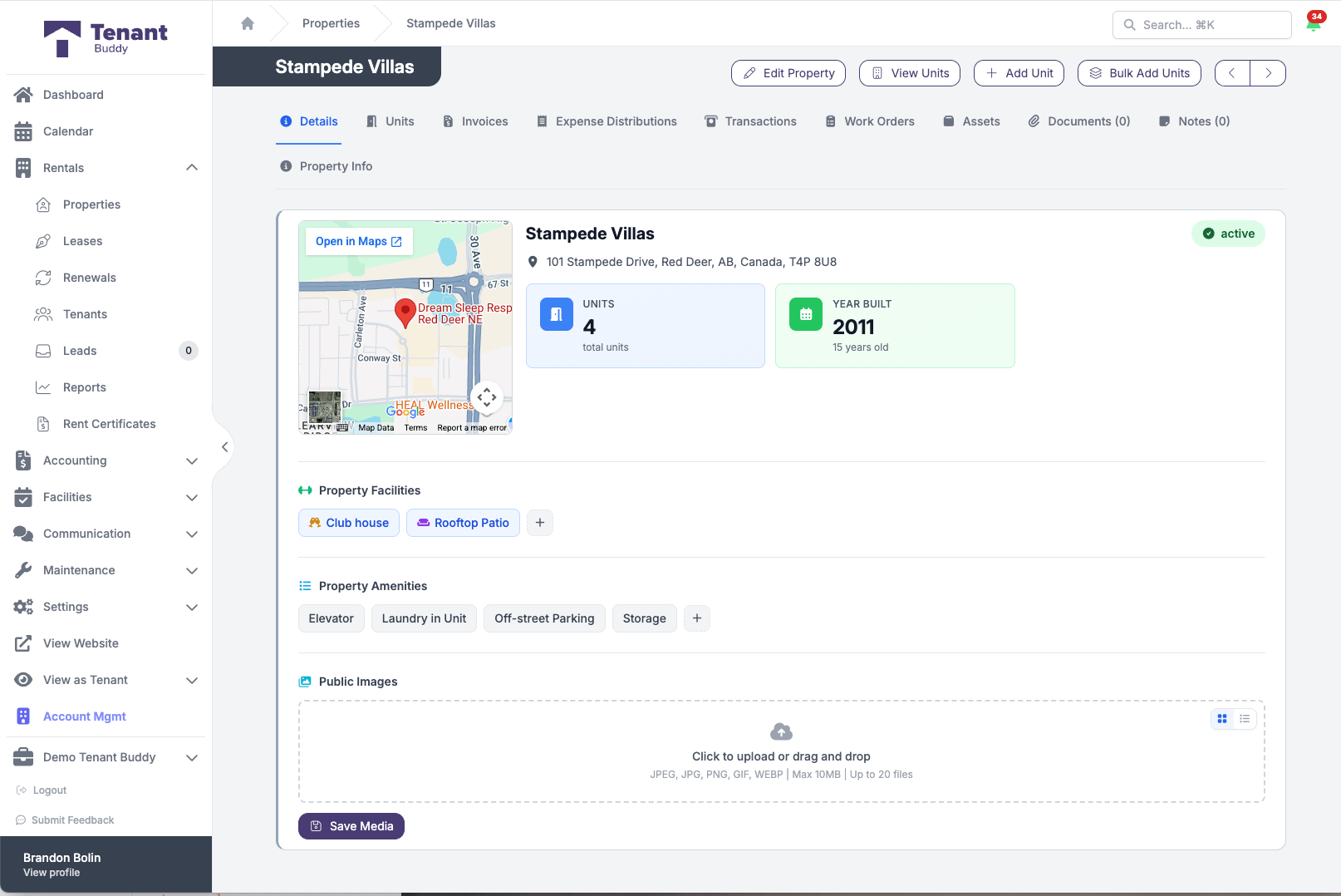 Property detail page in Tenant Buddy showing Stampede Villas with map, units count, year built, facilities like club house and rooftop patio, and amenities including elevator, laundry, parking, and storage