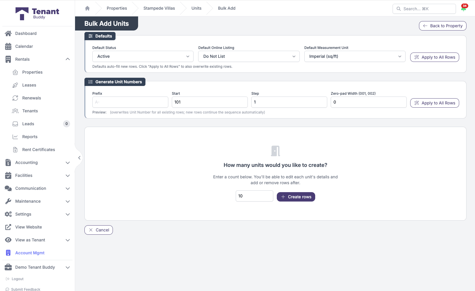 Bulk Add Units form in Tenant Buddy with default status, online listing, measurement unit settings, and auto-generated unit numbers with prefix and step controls