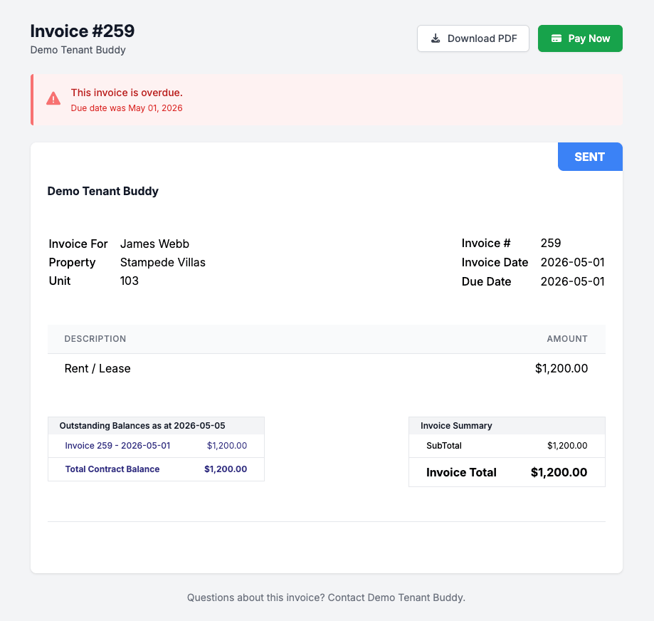 Tenant-facing invoice view in Tenant Buddy showing Invoice #259 for $1,200, overdue notice, line items breakdown, outstanding balances, invoice summary, and prominent Pay Now and Download PDF buttons