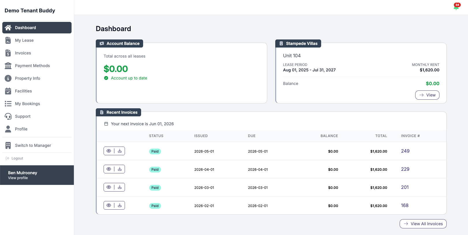 Tenant portal dashboard in Tenant Buddy showing account balance, lease information, and recent invoice history — what your tenants see when they log in