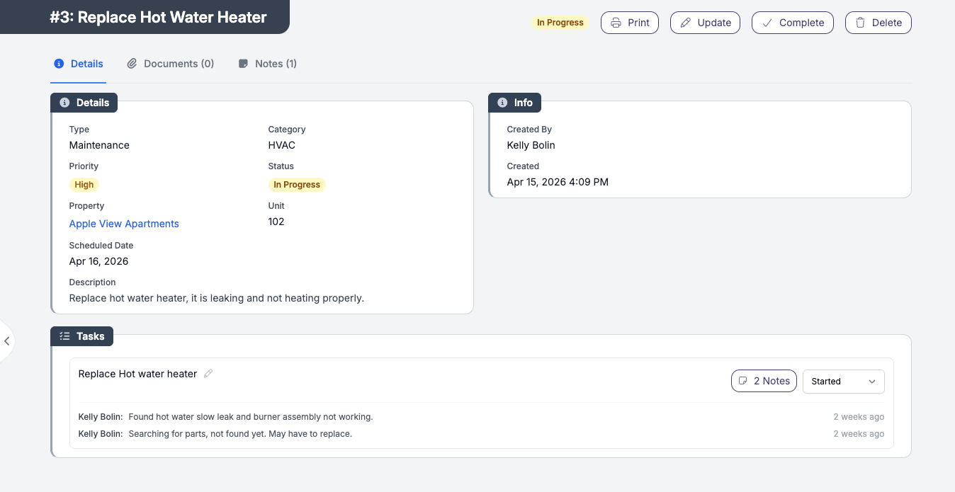 Work order detail in Tenant Buddy showing work order #3 Replace Hot Water Heater with In Progress status, High priority, type and category, property and unit, scheduled date, description, and a tasks section with notes from the assigned team member