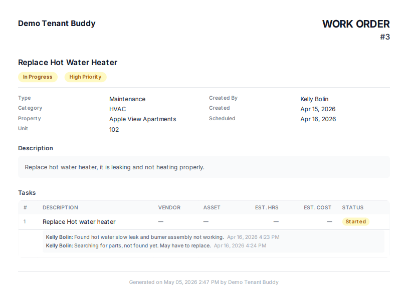 Printable work order PDF in Tenant Buddy showing Work Order #3 Replace Hot Water Heater with status, priority, type, category, property, scheduled date, description, and task list with completion notes — formatted for printing or emailing to a vendor